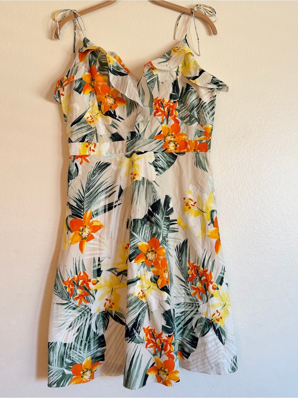 Karen Millen Tropical Floral Tie-Shoulder Mini Dress — Orange, Yellow & Green